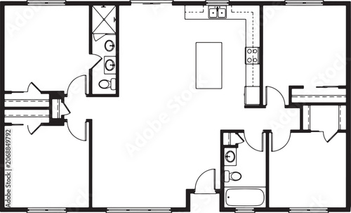 Two bedroom apartment floor plan with open concept kitchen and living area in a simple vector layout
