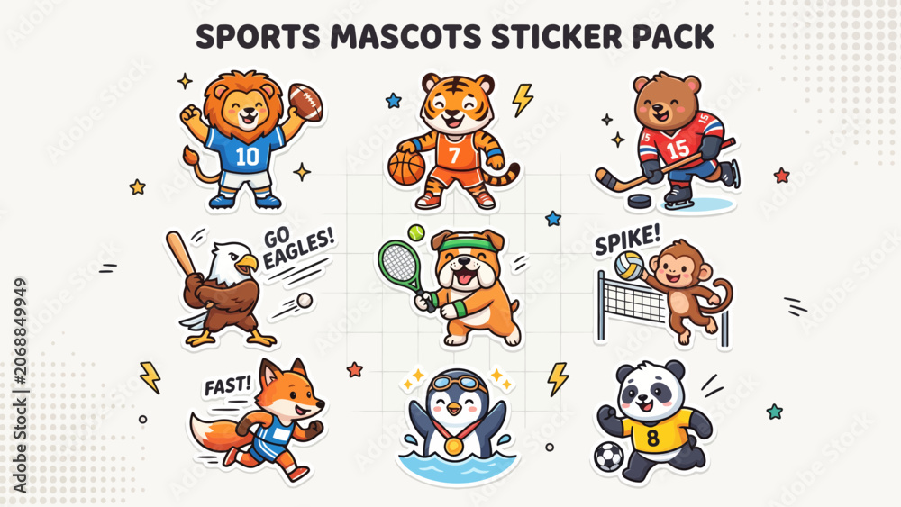 Fototapeta premium Cute Animal Sports Mascot Sticker Set Featuring Various Athletic Activities and Competitive Playful Characters for Creative Design Projects