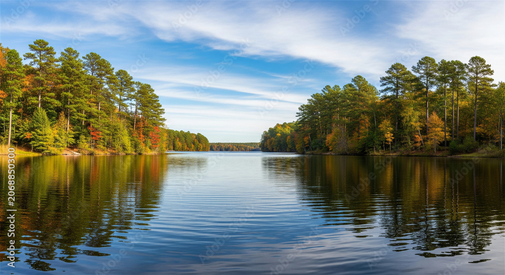 Fototapeta premium Serene lake surrounded by colorful autumn trees under a bright blue sky with fluffy clouds.