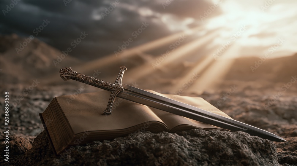 Obraz premium Bible and Sword Representing Faith, Strength and Protection
