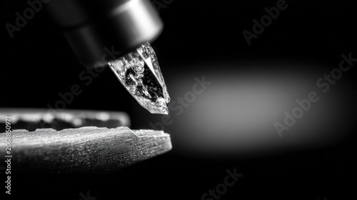 Close up of a record player needle with textured detail against darkness