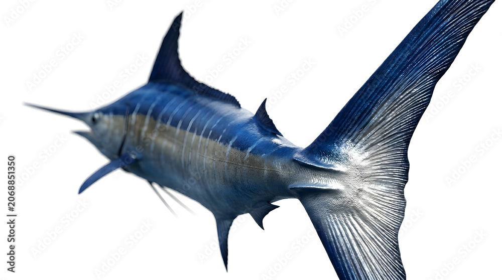 Fototapeta premium Blue Marlin Fish Tail Fin Close Up Studio Shot Isolated on White Background