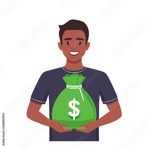 Smiling man holding green money bag with dollar sign