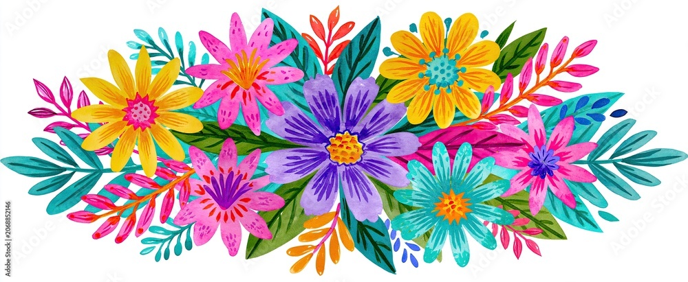 Fototapeta premium A cheerful arrangement of colorful hand-drawn flowers and leaves, ideal for spring-themed designs and promotions.