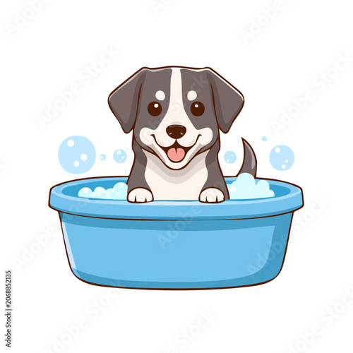 Cartoon Dog Taking a Bath in Blue Tub