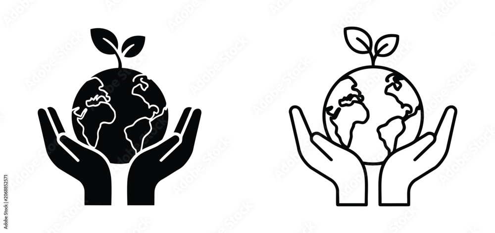 Obraz premium Hands holding earth globe with growing plant sprout icon set representing environmental protection sustainability global ecology conservation and green energy
