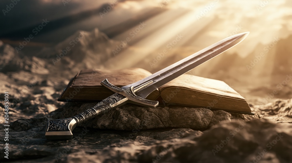 Obraz premium Bible and Sword Representing Faith, Strength and Protection