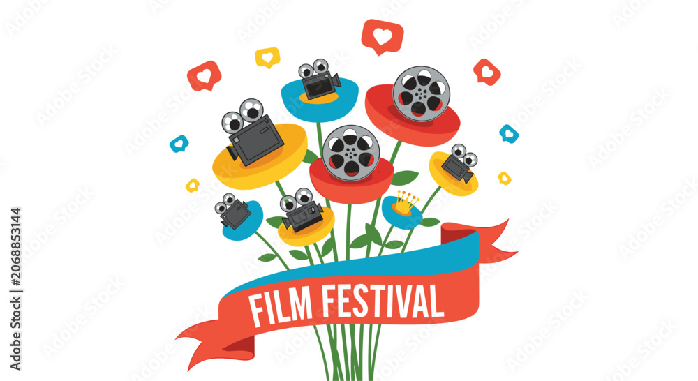 Fototapeta premium Film festival ribbon banner surrounded by colorful flowers holding movie cameras and film reels with social media icons on white.