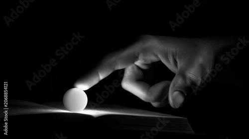 Hand touching illuminated sphere above open book in monochrome