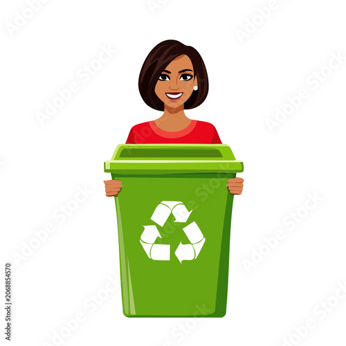 Woman holding green recycling bin with symbol