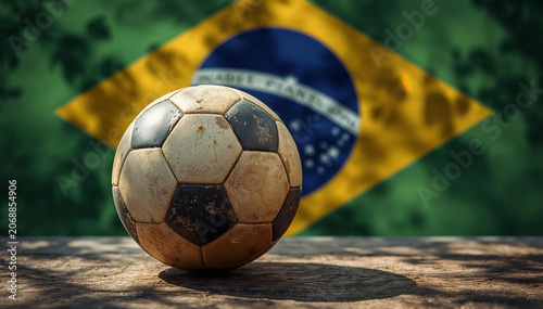 Soccer ball on ground with Brazilian flag background