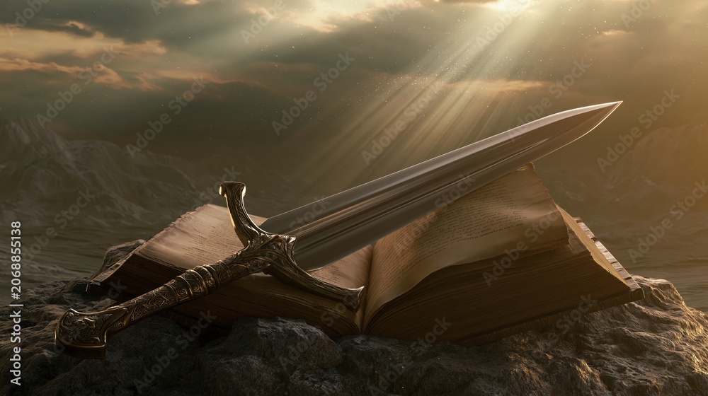 Obraz premium Bible and Sword Representing Faith, Strength and Protection