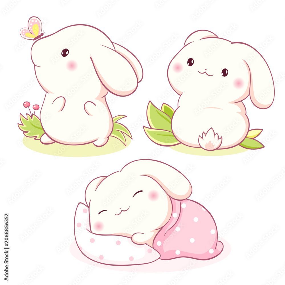 Naklejka premium Set of little bunny in kawaii style. Tiny baby rabbit in multiple poses. Cute rabbit expression sheet collection. Can be used for t-shirt print, sticker, badge, greeting card. Vector illustration EPS8