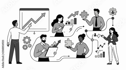 A grayscale illustration of business professionals collaborating and analyzing data