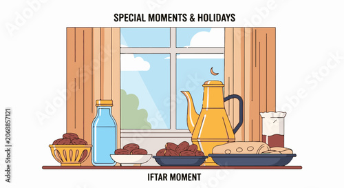A colorful still life of iftar foods on a table with a window