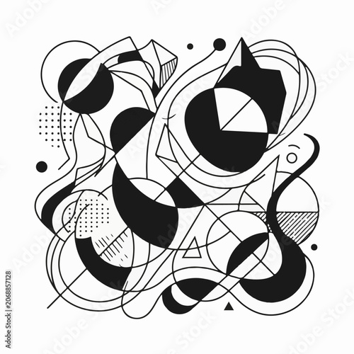 A complex abstract composition of black and white shapes and lines