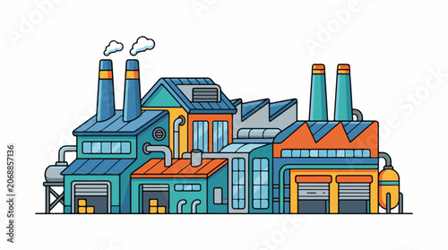 A colorful industrial complex with smokestacks and pipes
