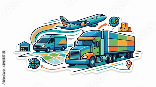 A colorful illustration of transportation modes and logistics elements