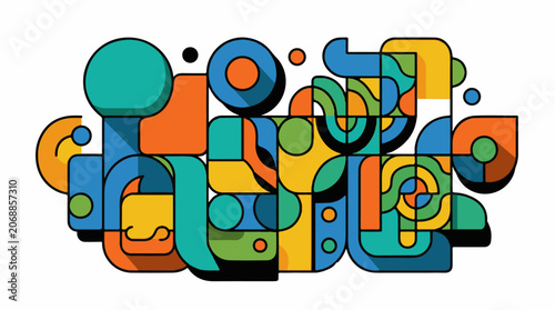 A colorful abstract composition of interconnected shapes and circles