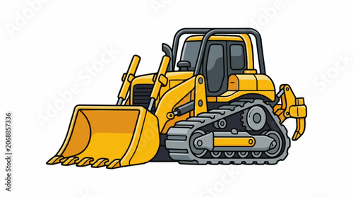 A cartoon-style illustration of a yellow bulldozer with a large blade and tracks