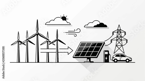 A black-and-white illustration of renewable energy sources