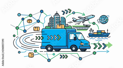 A blue truck with cargo and shipping icons around it