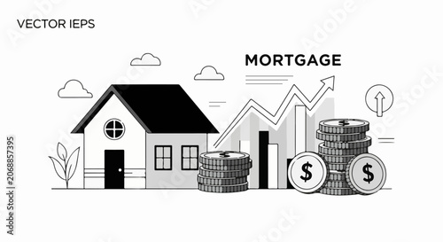 A black and white illustration of a house with coins and a graph showing growth