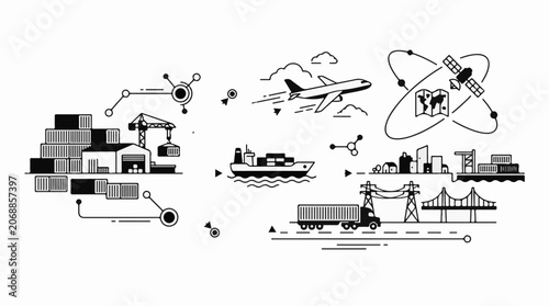A black-and-white illustration of a global supply chain network
