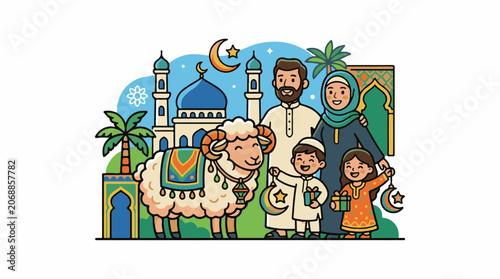 A cartoon family with a sheep in front of a mosque