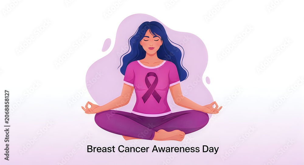 Obraz premium Woman Meditating in Lotus Position with Awareness Ribbon on Pink Background