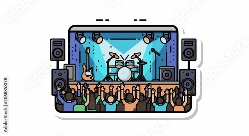 A cartoon illustration of a smartphone displaying a live concert with a band on stage and an audience in front of large speakers