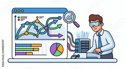 A cartoon man analyzing colorful data charts on a large computer screen