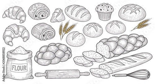 Collection of baked goods and baking utensils illustration