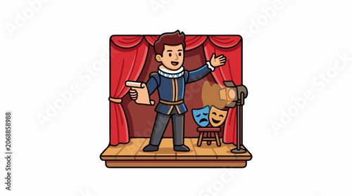 A cartoon man in 17th-century attire stands on a stage with a script, gesturing dramatically