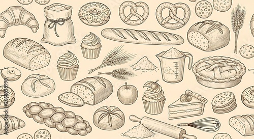 Collection of baked goods and baking utensils in sketch style