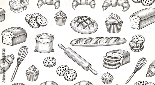 Collection of bakery goods and baking utensils sketch illustration