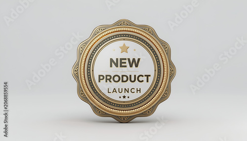 Badge design featuring a golden circular emblem with the text new product launch displayed in the center, symbolizing a professional marketing announcement for a forthcoming commercial item release.