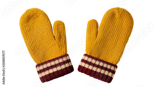 Fotografie Yellow knitted mittens with striped cuffs