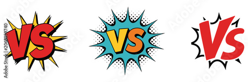 Photos Versus battle icon set, comic lightning bolt clash graphics, energetic VS symbols, dynamic fight and competition badge style vector illustration
