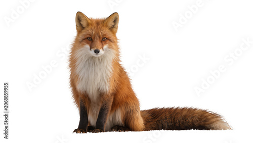 Obraz na plátne Red fox sitting with bushy tail and white chest fur
