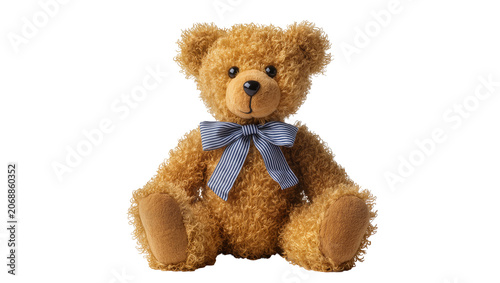 Obraz na płótnie Fluffy brown teddy bear with blue striped bow tie