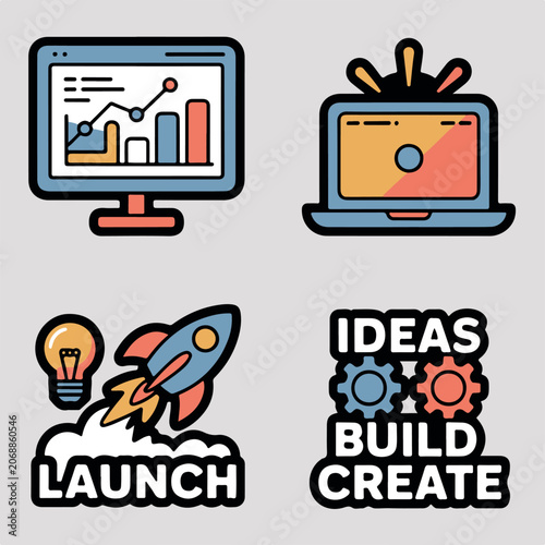Business Launch Ideas on Computer and Laptop with Rocket