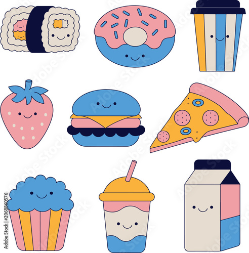 Colorful Food Icons with Smiling Faces on White Background