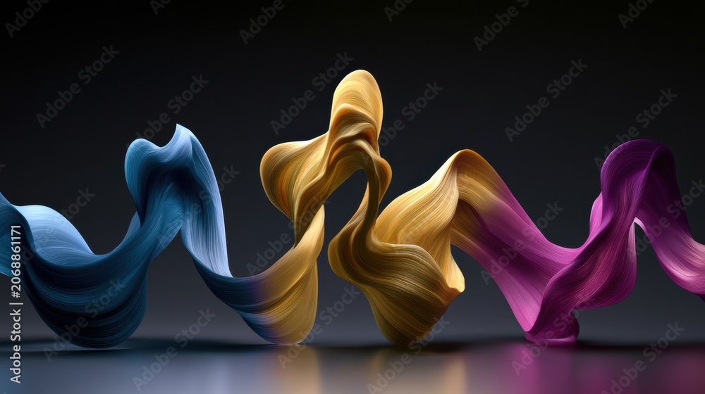 Obraz premium Panoramic view of flowing ribbons representing emotions with different colors and patterns displayed on a dark backdrop. Copy space is available.