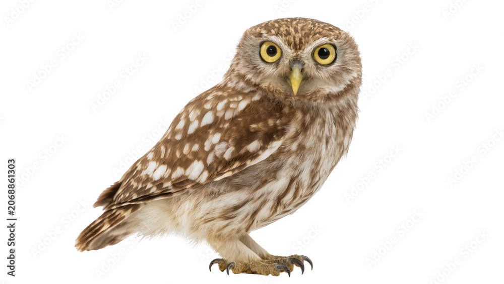 Fototapeta premium Little owl with yellow eyes and brown speckled feathers
