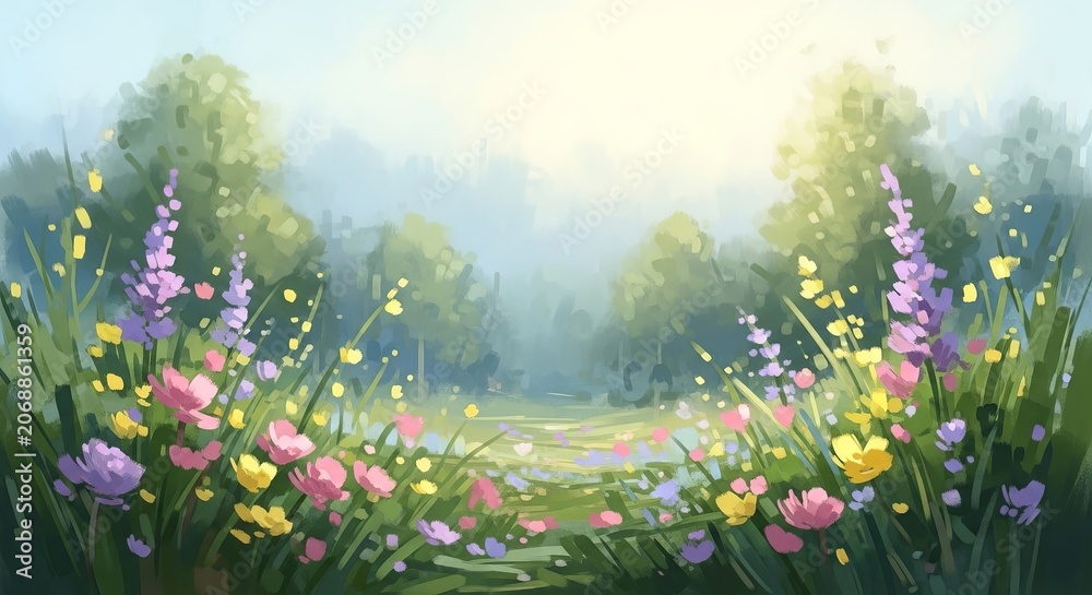 Obraz premium Enchanting Meadow Path Bathed in Golden Sunlight.