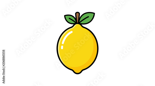 Stylized cartoon illustration of a whole yellow lemon with green leaves.