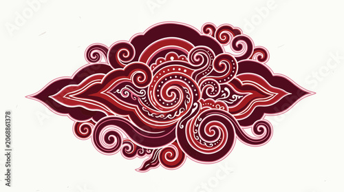 Stylized Megamendung batik cloud pattern in red and white traditional Indonesian art style.