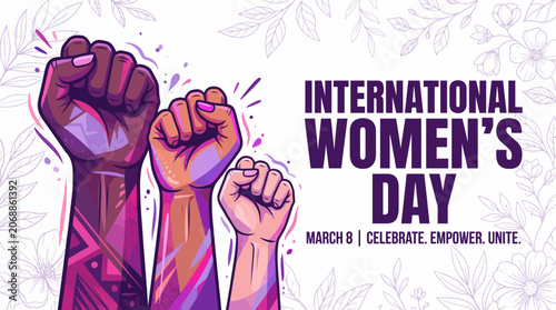 Stylized purple and pink raised fists for International Women's Day celebration.