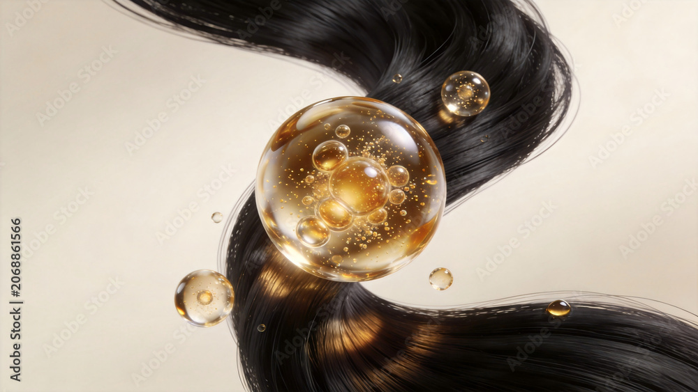 Fototapeta premium Black Hair Strand with Transparent Golden Serum Spheres on Soft Beige Background, Luxury Hair Care Biotechnology Concept